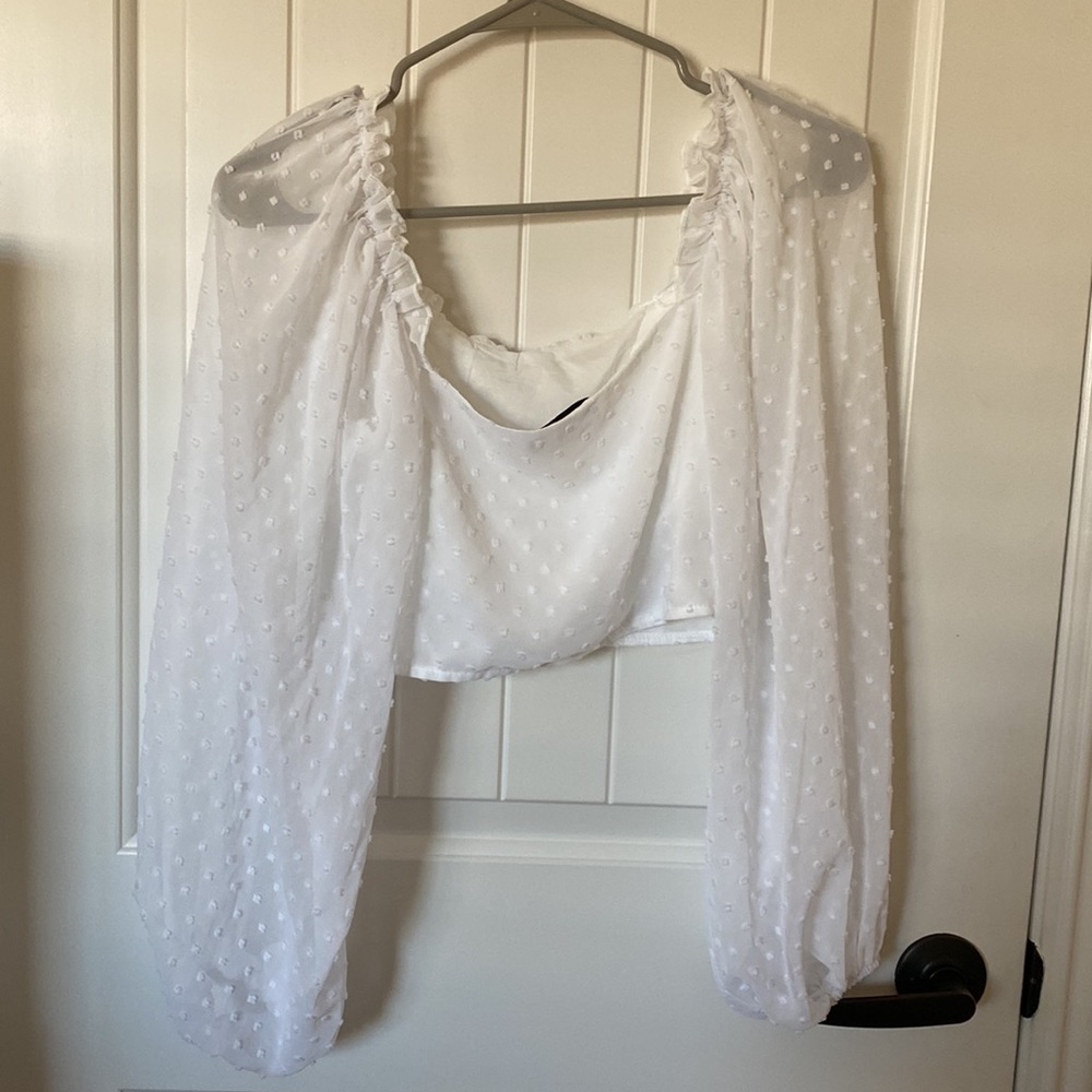 Swiss Dot Lettuce Trim Crop Milkmaid Blouse - Picture 3 of 3